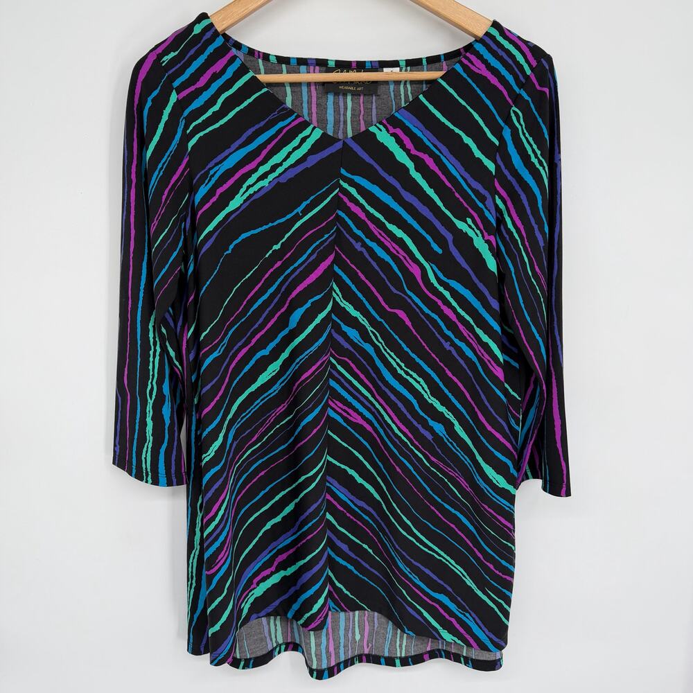 Bob Mackie Top Womens Small Colorful Striped Eclectic Grandma Flowy Black Purple